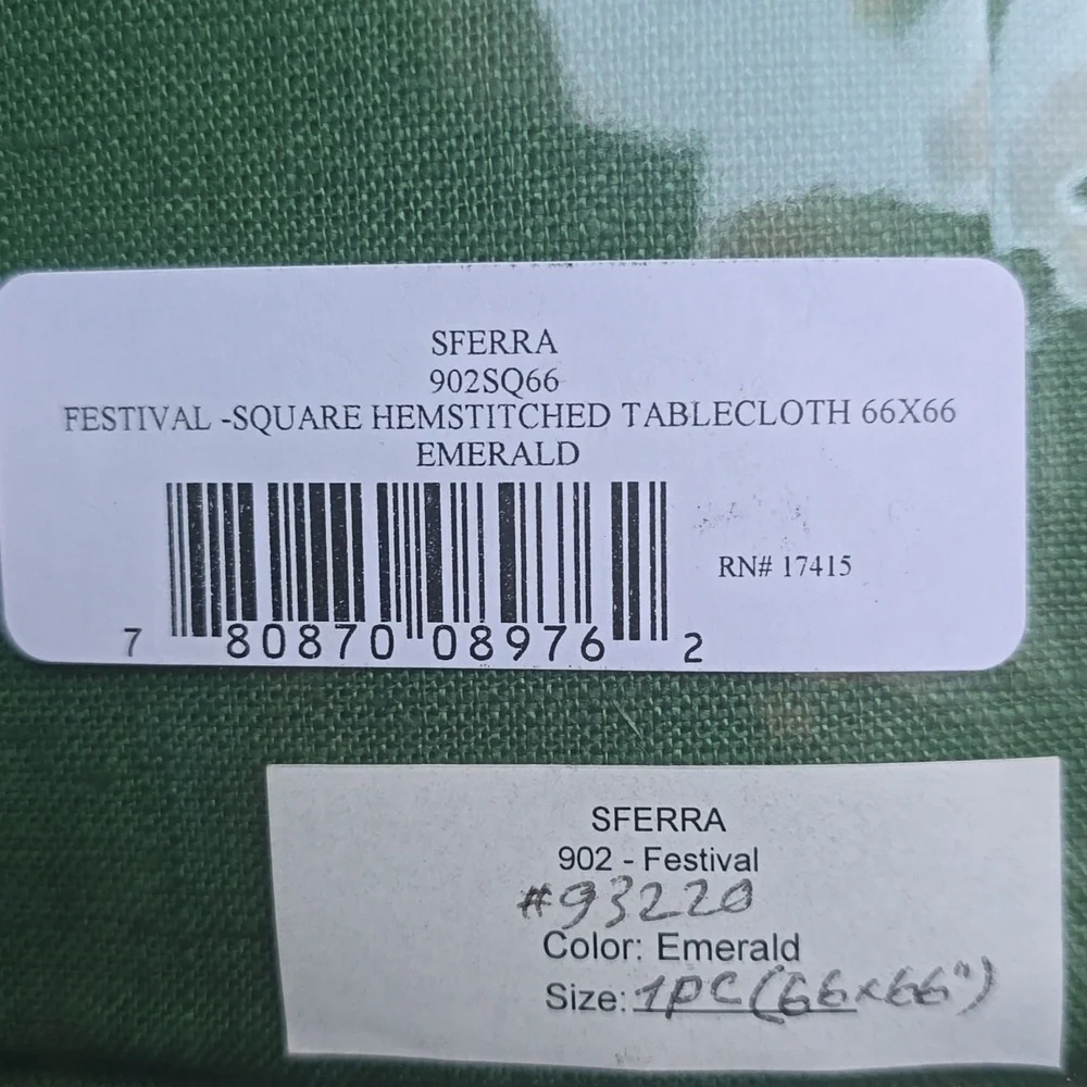 SFERRA Festeval Square Hemstitched Linen Tablecloth, Emerald, Retail $149.95US